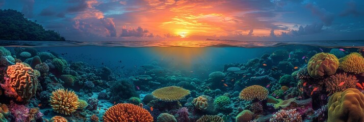 Spectacular split view: tropical coral reef - obrazy, fototapety, plakaty