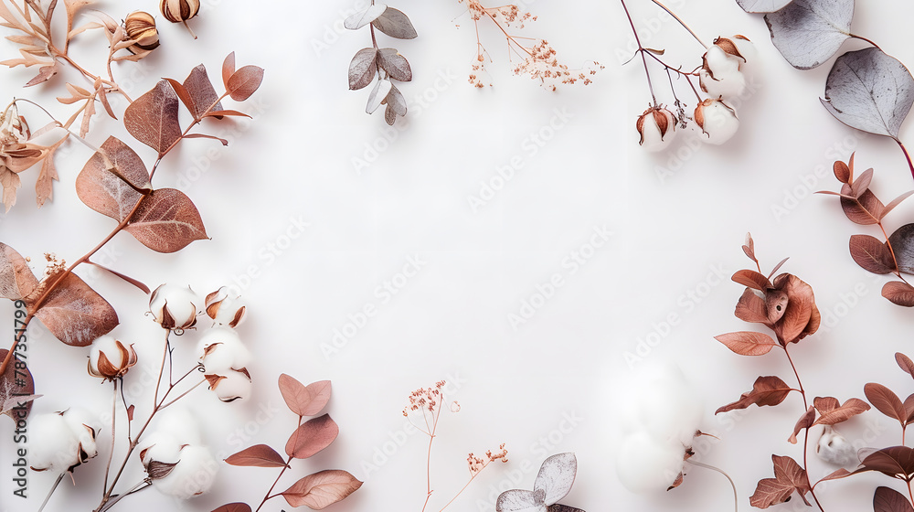 Poster autumn composition frame made of eucalyptus branches cotton flowers dried leaves on pastel gray back
