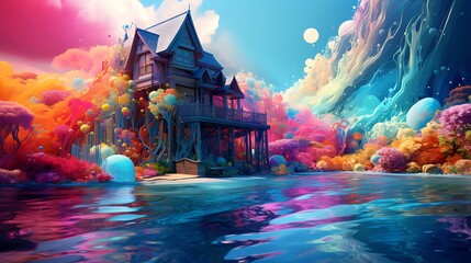 an image of a house submerged in a sea of flowing colors, with AI-generated figures creating a mesmerizing and ever-changing artwork