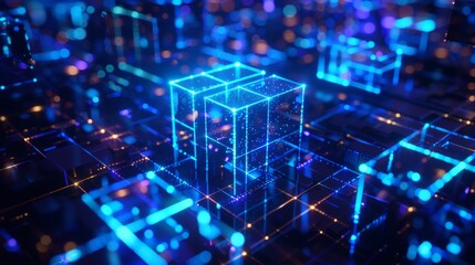 A glowing blue cube comprised of interconnected smaller cubes, representing a blockchain network. - obrazy, fototapety, plakaty