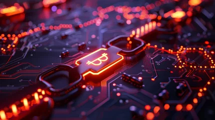 Fotobehang A glowing digital circuit board with blockchain symbols integrated into the design, representing the technological foundation for secure data storage and transactions. © Eve Creative