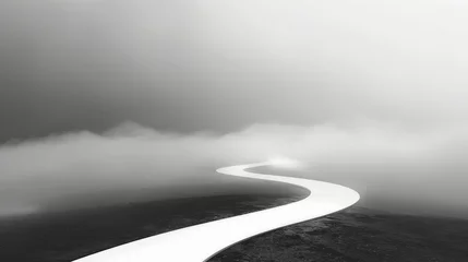 Fotobehang A graphic black and white landscape featuring a winding white road disappearing into a thick black fog. © Eve Creative