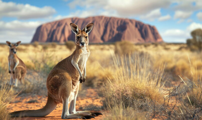 Several multi-sized kangaroos standing in the steppes of Australia, You can see Uluru, Australia from behind
