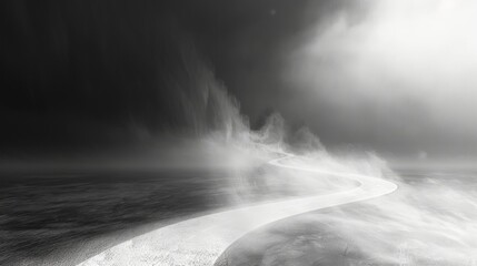 A graphic black and white landscape featuring a winding white road disappearing into a thick black fog.