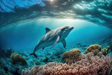 Accurate Photo of Dolphin Swimming Over Coral Reef - Mesmerizing Dolphin Encounter