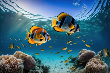 Fototapeta na wymiar Beautifully Composed Photo of a Group of Yellow Fish Swimming
