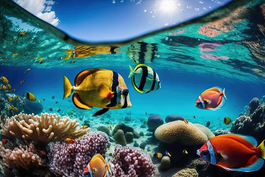 Colorful Underwater Picture of Fish and Coral in a Paradisiac Ocean with Sunny Sky