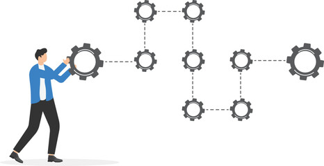 Business process and workflow automation with flowchart, businessman holding gear sign arranging processing management
