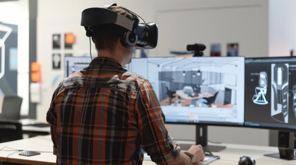 Man Using Virtual Headset at Computer
