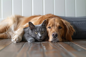  Photograph of an adorable Golden Retriever and Russian Blue Cat lying on the floor. Created with Ai