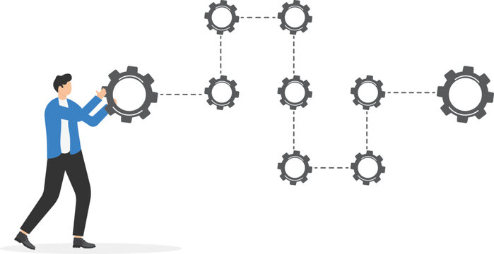 Business process and workflow automation with flowchart, businessman holding gear sign arranging processing management
