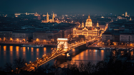 A nighttime shot of a European city with palaces and churches, with a bridge over a river standing...