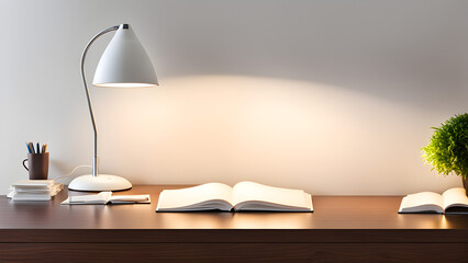 Modern study design, with desk lamps and open books placed on the desk for learning in the library