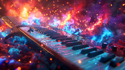 rock music instruments exploding with colorful splash, generative Ai - obrazy, fototapety, plakaty