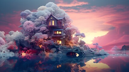 an image of a house in a digital dreamscape, with AI artists adding dreamy and ethereal elements to...