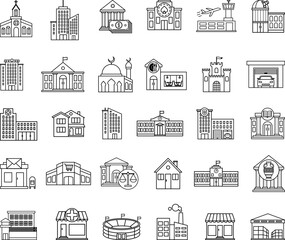 Set of Buildings Icons. Vector Icons of Home, Office. City, Hospital, Police, Court, Museum, Shopping Center, Casino, University, Church and Others