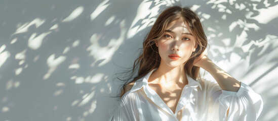 Portrait of beautiful young Asian female model wearing white shirt with gentle light .
