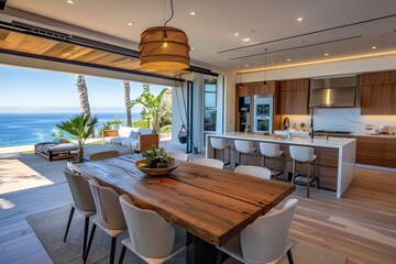 Open-plan layout with a modern kitchen and dining area for easy entertaining by the sea.  - obrazy, fototapety, plakaty