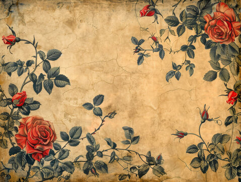 Botanical Red Rose Illustrations Blooming on Time-Softened Parchment with a Romantic Essence