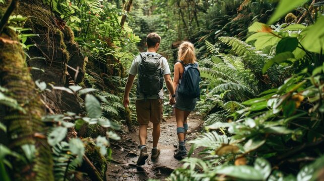 A couple hiking together in a lush green forest, holding hands and exploring nature.