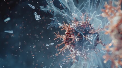 A low-poly wireframe animation of a virus being destroyed by a vaccine, showcasing the fight against disease. - obrazy, fototapety, plakaty