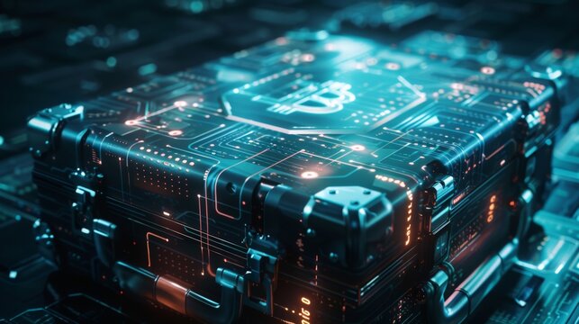 A locked briefcase with a blockchain symbol on it, data streams radiating outwards, signifying secure data transactions on a blockchain platform. 