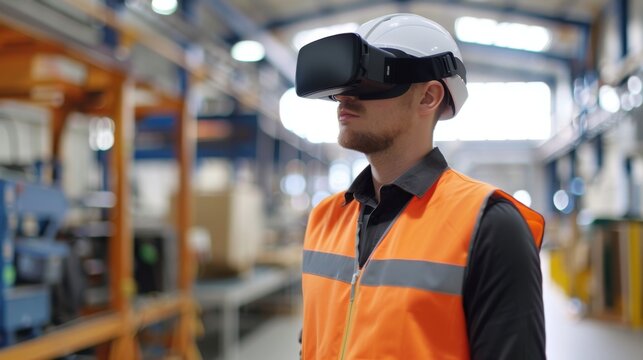 Worker in High-Vis Vest Experiences Virtual Reality in Warehouse