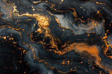 A dark, fluid background with swirling patterns of deep blue and gold hues, resembling an abstract marble texture. Created with Ai - obrazy, fototapety, plakaty