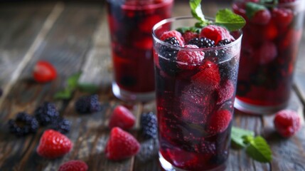 Two Glasses of Raspberry Mojitos on a Wooden Table