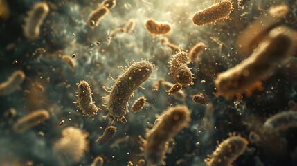 Vividly brown bacteria magnified to reveal their flagella and unique shapes. 3D health concept - obrazy, fototapety, plakaty