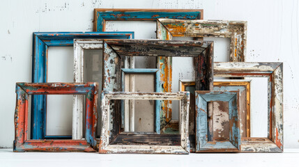 Diverse collection of rustic vintage frames against a weathered wooden backdrop