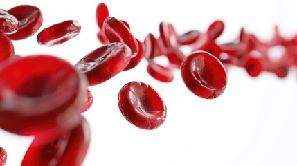Close-up red blood cells flowing isolated on a white background, 3D medical illustration