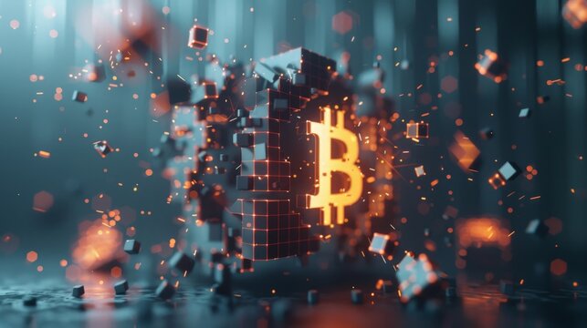 A low-poly wireframe cube shattering into smaller cubes, each containing a glowing Bitcoin symbol.3D rendering