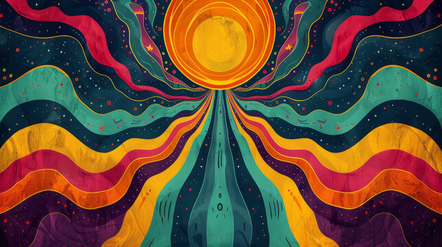 Psychedelic concert backdrop with fluid waves and celestial elements in a vintage poster style