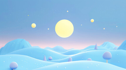 A serene night scene with a full moon casting a gentle glow over snow-covered hills under a star-filled sky.