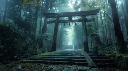 stairs with a large Torii gate with fog in Japan - obrazy, fototapety, plakaty