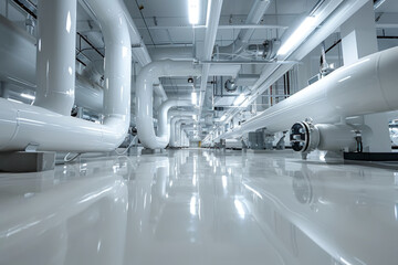 Obraz premium Contemporary industrial setting with white pipelines and a sleek reflective floor within a factory