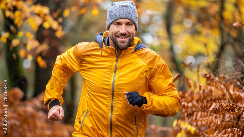 Wall mural european young man promoting wellness with joyful running and jogging for health and happiness