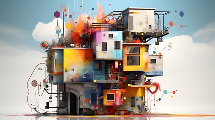 a surreal and abstract interpretation of a house being painted by AI, with colors and shapes that...