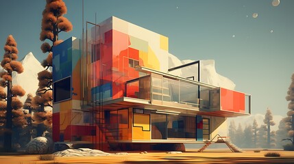 Fototapeta na wymiar a surreal and abstract interpretation of a house being painted by AI, with colors and shapes that defy the laws of physics