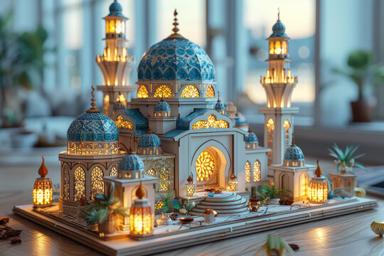 A beautiful mosque made of paper mache, placed on the table with many candles around it. Created with Ai