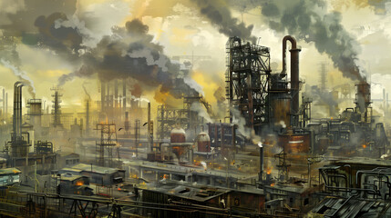 Industrial landscape of ancient plants and facturies, with chimneys, pipes and heavy smoke, smog, pollution and environmental disaster