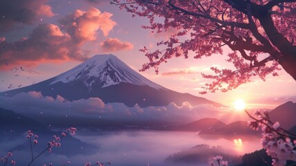 beautiful sunset of Mount Fuji in Japan with a pink sakura tree in high resolution
