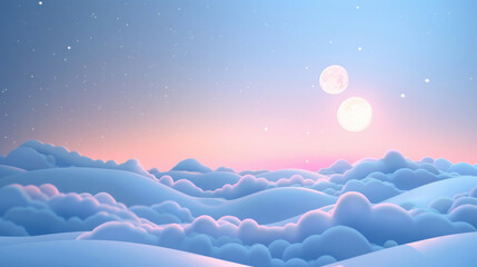 Bright moon and stars shine over a stylized snowy landscape, creating a whimsical and serene nighttime scene.