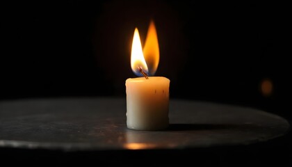 A lit candle with a bright flame on a metal holder, with another candle in the background on a dark surface