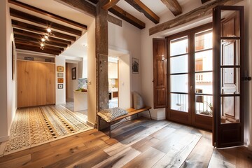 Tiled floors or hardwood with a weathered finish add a touch of rustic charm to the Spanish apartment. 