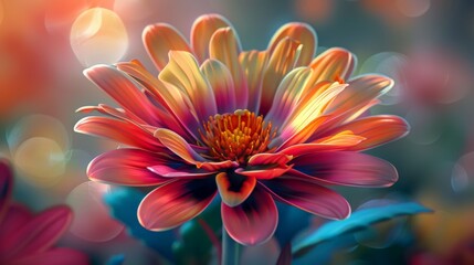 A photorealistic close-up of a blooming flower, its petals a burst of vibrant colors, with the background fading to a soft blur.3D rendering