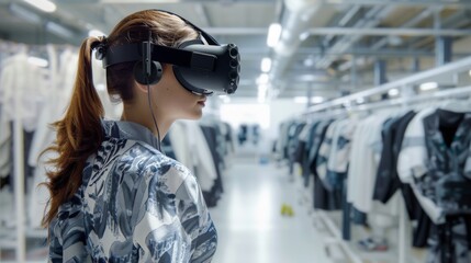 Woman Trying Virtual Reality Headset in Clothing Store