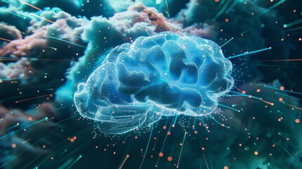 A photorealistic image of a brain-shaped cloud with data streams flowing through it, symbolizing the use of big data for artificial intelligence and cognitive computing.