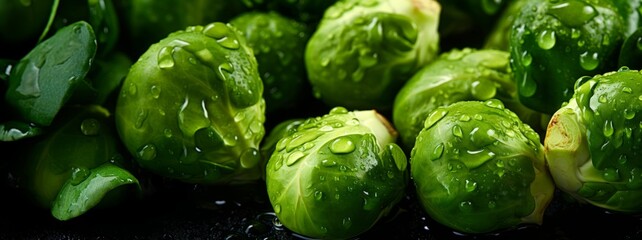 Healthy fresh vegetables, Brussels sprouts on a green background.